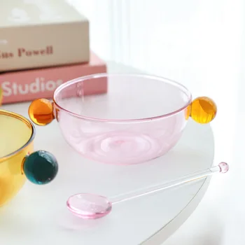 Двойная сферическая ручка, цветная стеклянная чаша для выпечки фруктов, йогурта, овсянки, Миска для завтрака, Индукционная плита, стеклянные чаши с подогревом 5