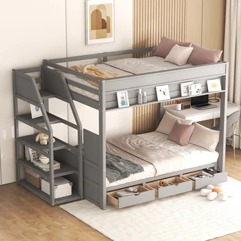 Двухъярусная кровать-трансформер в натуральную величину из дерева с лестницей для хранения, прикроватной тумбочкой и 3 выдвижными ящиками, серая 5
