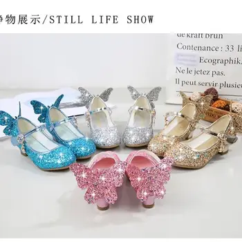 Детская кожаная обувь принцессы для девочек, детская обувь с блестками, обувь для девочек на высоком каблуке 2021 года, обувь для девочек с узлом бабочки, золото, Розовый, Серебристый