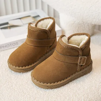 Детские повседневные зимние ботинки, новинка 2023 года, для маленьких мальчиков и девочек, однотонные утепленные теплые ботинки с пряжкой, Удобные ботинки с хлопковой подкладкой, обувь для малышей