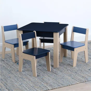 Детские столы и набор из 4 стульев, наборы детской мебели для детей и стульев, стол для занятий для малышей в игровой комнате, темно-синий / натуральный 0