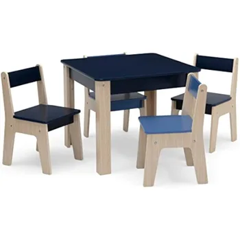 Детские столы и набор из 4 стульев, наборы детской мебели для детей и стульев, стол для занятий для малышей в игровой комнате, темно-синий / натуральный 1