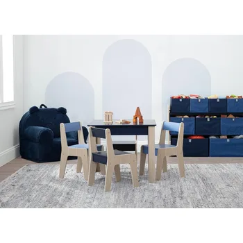 Детские столы и набор из 4 стульев, наборы детской мебели для детей и стульев, стол для занятий для малышей в игровой комнате, темно-синий / натуральный 2