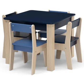 Детские столы и набор из 4 стульев, наборы детской мебели для детей и стульев, стол для занятий для малышей в игровой комнате, темно-синий / натуральный 3