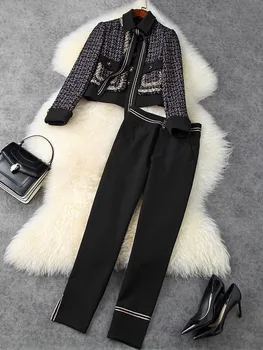 Дизайнерский костюм для подиума HIGH STREET 2023, осень-зима, Женский Твидовый пиджак с лацканами, брючный костюм