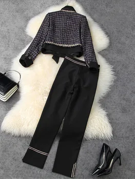 Дизайнерский костюм для подиума HIGH STREET 2023, осень-зима, Женский Твидовый пиджак с лацканами, брючный костюм 1