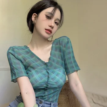 Женская клетчатая тонкая сексуальная футболка в корейском стиле с коротким рукавом, приталенный крой, тонкий дизайн, ощущение лета  0