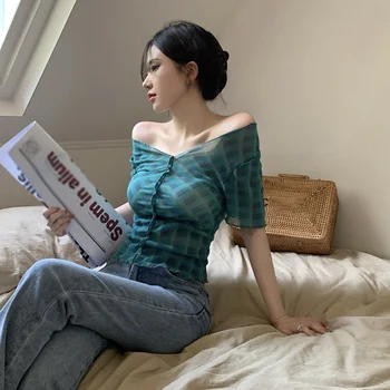 Женская клетчатая тонкая сексуальная футболка в корейском стиле с коротким рукавом, приталенный крой, тонкий дизайн, ощущение лета  2