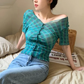 Женская клетчатая тонкая сексуальная футболка в корейском стиле с коротким рукавом, приталенный крой, тонкий дизайн, ощущение лета  5