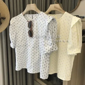 Женская короткая рубашка с цветочным принтом и круглым вырезом 2023, Летняя Женская рубашка с пышными рукавами, топ