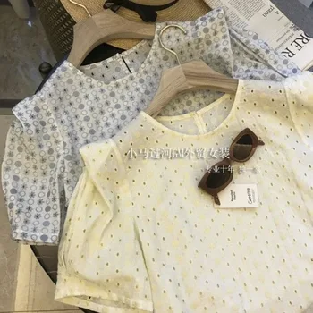 Женская короткая рубашка с цветочным принтом и круглым вырезом 2023, Летняя Женская рубашка с пышными рукавами, топ 1