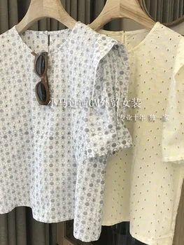 Женская короткая рубашка с цветочным принтом и круглым вырезом 2023, Летняя Женская рубашка с пышными рукавами, топ 4