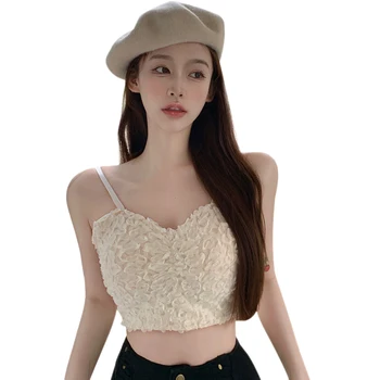 Женская мода Корейский стиль Темперамент Красота Сзади Повседневный укороченный топ Сексуальный V-образный вырез Тонкий 3D цветочный камзол 0