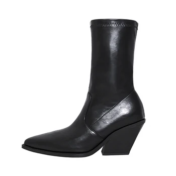 Женская обувь из микрофибры, ботильоны, 2023, черные, на массивном каблуке, с острым носком, на молнии, Высота каблука 7 см 0