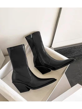 Женская обувь из микрофибры, ботильоны, 2023, черные, на массивном каблуке, с острым носком, на молнии, Высота каблука 7 см 1