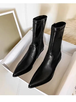 Женская обувь из микрофибры, ботильоны, 2023, черные, на массивном каблуке, с острым носком, на молнии, Высота каблука 7 см 3