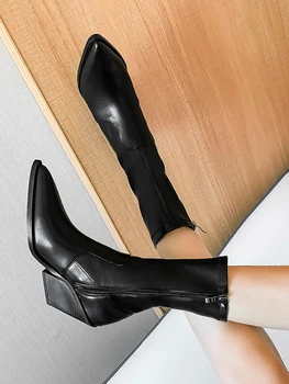 Женская обувь из микрофибры, ботильоны, 2023, черные, на массивном каблуке, с острым носком, на молнии, Высота каблука 7 см 4