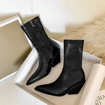 Женская обувь из микрофибры, ботильоны, 2023, черные, на массивном каблуке, с острым носком, на молнии, Высота каблука 7 см 5