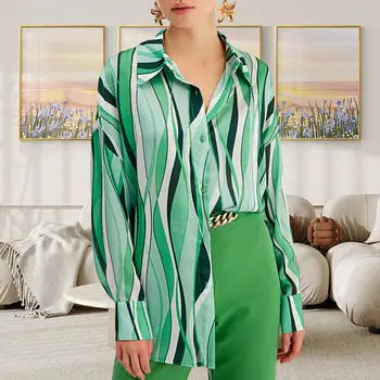 Женская осенняя рубашка, свободный однобортный кардиган в полоску, пуговицы с лацканами, длинный рукав, гладкая женская блузка средней длины. 2