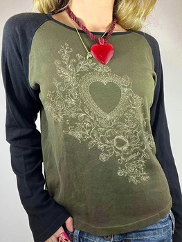 Женская футболка Fairy Grunge, топы с круглым вырезом и длинными рукавами, эстетичная рубашка, футболки в стиле гранж 90-х, женские осенние топы с принтом в виде сердца, уличная одежда 0