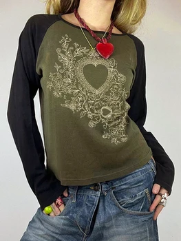 Женская футболка Fairy Grunge, топы с круглым вырезом и длинными рукавами, эстетичная рубашка, футболки в стиле гранж 90-х, женские осенние топы с принтом в виде сердца, уличная одежда 2