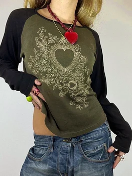 Женская футболка Fairy Grunge, топы с круглым вырезом и длинными рукавами, эстетичная рубашка, футболки в стиле гранж 90-х, женские осенние топы с принтом в виде сердца, уличная одежда 4