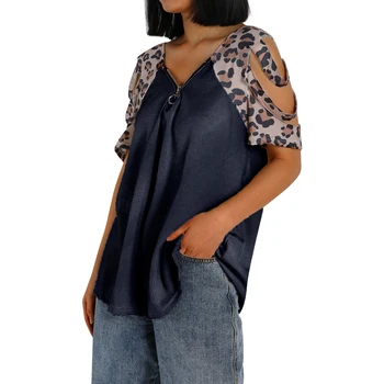 Женская футболка свободного покроя с леопардовым принтом, топы с коротким рукавом и V-образным вырезом, винно-красный/ серый/ черный/ белый 1