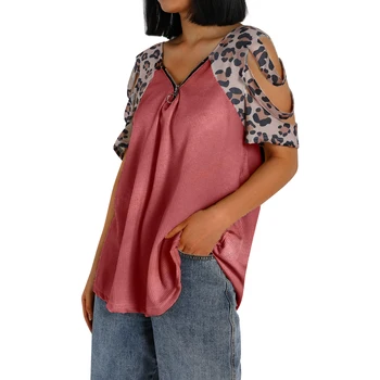 Женская футболка свободного покроя с леопардовым принтом, топы с коротким рукавом и V-образным вырезом, винно-красный/ серый/ черный/ белый 4