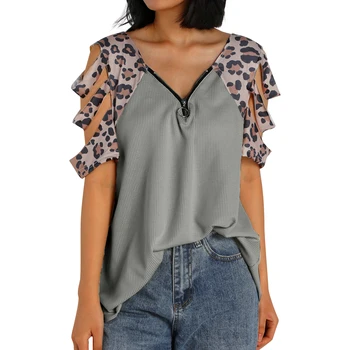 Женская футболка свободного покроя с леопардовым принтом, топы с коротким рукавом и V-образным вырезом, винно-красный/ серый/ черный/ белый 5