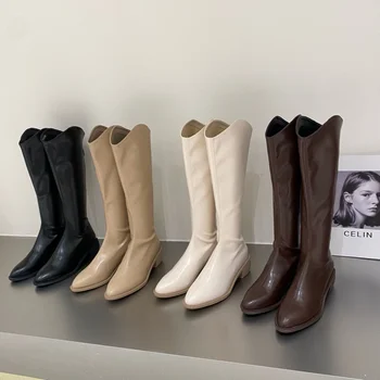 Женские кожаные сапоги до колена на молнии, модные черные женские рыцарские короткие и длинные сапоги с острым носком, зима 2022, женская обувь 1