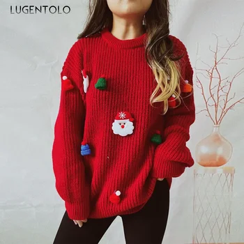 Женские милые свитера Санта-Клауса с круглым вырезом и длинным рукавом, Новогодние женские Повседневные осенне-зимние модные пуловеры из ткани Lugentolo