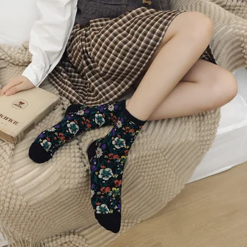 Женские носки с цветочным принтом, Этнические хлопчатобумажные носки Harajuku Retro Vintage Crew, женские японские модные высокоэластичные милые носки Kawaii