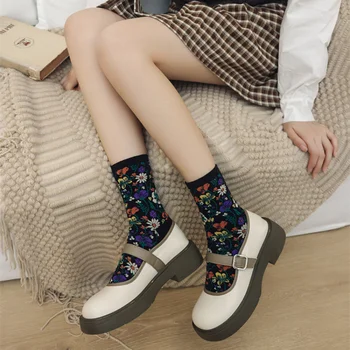 Женские носки с цветочным принтом, Этнические хлопчатобумажные носки Harajuku Retro Vintage Crew, женские японские модные высокоэластичные милые носки Kawaii 2