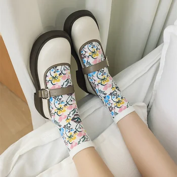 Женские носки с цветочным принтом, Этнические хлопчатобумажные носки Harajuku Retro Vintage Crew, женские японские модные высокоэластичные милые носки Kawaii 3