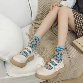Женские носки с цветочным принтом, Этнические хлопчатобумажные носки Harajuku Retro Vintage Crew, женские японские модные высокоэластичные милые носки Kawaii 4