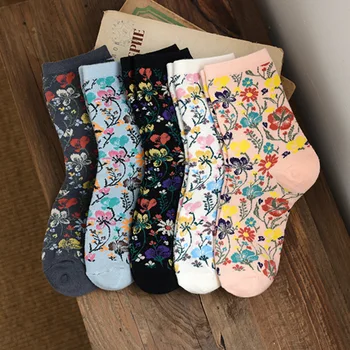 Женские носки с цветочным принтом, Этнические хлопчатобумажные носки Harajuku Retro Vintage Crew, женские японские модные высокоэластичные милые носки Kawaii 5