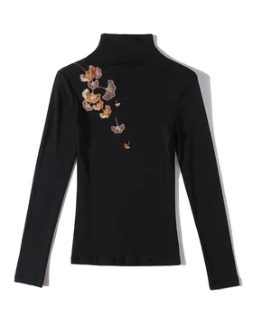 Женские сетчатые футболки с вышивкой, водолазки, сетчатые рубашки с длинным рукавом, женские пуловеры с вышивкой в виде цветка, Черные топы