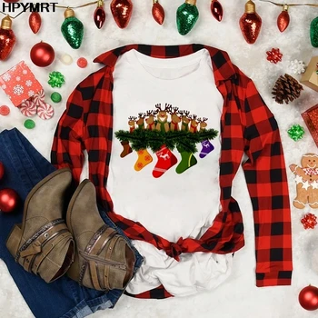 Женские футболки, рождественские чулки с оленями, топы, женская футболка Harajuku, женская футболка, одежда с Рождеством, модная футболка с круглым вырезом 0