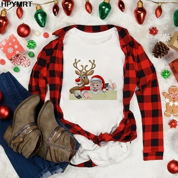 Женские футболки, рождественские чулки с оленями, топы, женская футболка Harajuku, женская футболка, одежда с Рождеством, модная футболка с круглым вырезом 1