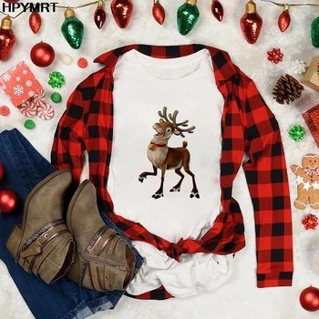 Женские футболки, рождественские чулки с оленями, топы, женская футболка Harajuku, женская футболка, одежда с Рождеством, модная футболка с круглым вырезом 2
