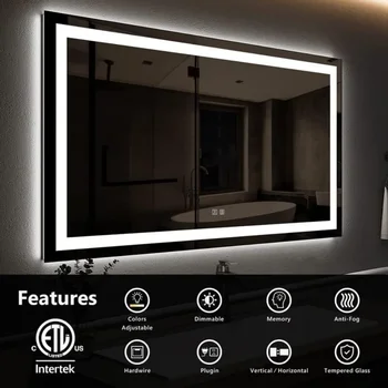 Зеркало для ванной комнаты со светодиодной подсветкой 36 X 28 дюймов, с фронтальной и противотуманной подсветкой, 3 цвета и регулируемой яркостью, зеркала без застежки для дома 5