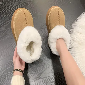 Зимние новые женские короткие зимние ботинки с круглым носком, контрастного цвета, из меха и плюша, удобные женские ботинки на толстой подошве 2