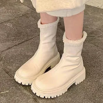 Зимние теплые ботинки на платформе, женская обувь на плоской подошве с мехом по щиколотку, Новый тренд 2023, Модные Короткие плюшевые ботинки Челси в готическом стиле, Повседневная обувь