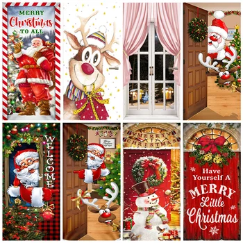 Изготовленные на заказ обои с Рождеством, наклейки на дверь с изображением Санта-Клауса и Лося, Фестивальные украшения для дома, Самоклеящиеся обои, фреска 0