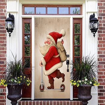 Изготовленные на заказ обои с Рождеством, наклейки на дверь с изображением Санта-Клауса и Лося, Фестивальные украшения для дома, Самоклеящиеся обои, фреска 1