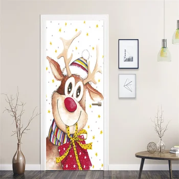 Изготовленные на заказ обои с Рождеством, наклейки на дверь с изображением Санта-Клауса и Лося, Фестивальные украшения для дома, Самоклеящиеся обои, фреска 3