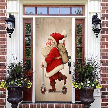 Изготовленные на заказ обои с Рождеством, наклейки на дверь с изображением Санта-Клауса и Лося, Фестивальные украшения для дома, Самоклеящиеся обои, фреска 4