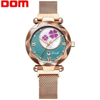 Кварцевые часы DOM 1275 Модные женские круглые наручные часы с фиолетовым цветком, указатель даты, золотые сетчатые часы для дам, часы в подарок