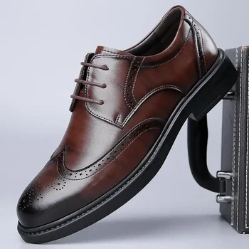 Кожаная обувь Мужская Осенняя деловая официальная одежда в британском стиле, повседневная маленькая кожаная обувь в стиле ретро, мужская рабочая модная обувь для мальчиков 1