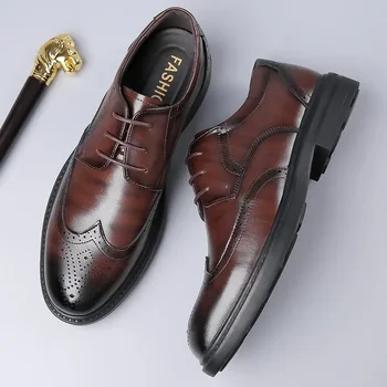 Кожаная обувь Мужская Осенняя деловая официальная одежда в британском стиле, повседневная маленькая кожаная обувь в стиле ретро, мужская рабочая модная обувь для мальчиков 4